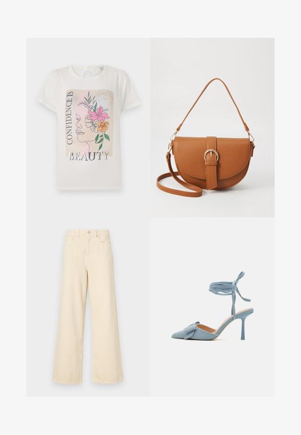 White t-shirt featuring a graphic design of a face adorned with flowers and the text "CONFIDENCE IS BEAUTY." Short sleeves, round neckline.; Beige wide-leg jeans made of cotton. Features a button closure, belt loops, and front pockets with a smooth, soft texture.; Pointed-toe high heel shoe in light blue fabric with a textured finish, featuring a bow accent and ankle strap for secure fit.; Brown leather crossbody bag with a curved shape, gold hardware, and a buckle accent. Features a detachable shoulder strap.