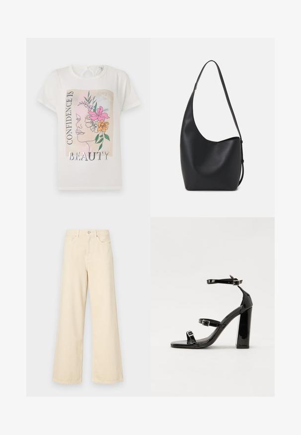T-shirt alb cu un design grafic reprezentând o față împodobită cu flori și textul "CONFIDENȚA ESTE BELLEA." Mâneci scurte, guler rotund.; Blugi bej cu croi larg, din bumbac. Au închidere cu nasture, bucle pentru curea și buzunare frontale, cu o textură netedă și moale.; Sandale cu toc din patent negru, cu vârf pătrat, curele la gleznă și catarame din argint. Dispune de un toc gros pentru stabilitate.; Geantă hobo din piele neagră, cu o textură netedă, formă curbată și un singur bretele ajustabil; are o deschidere largă în partea de sus.