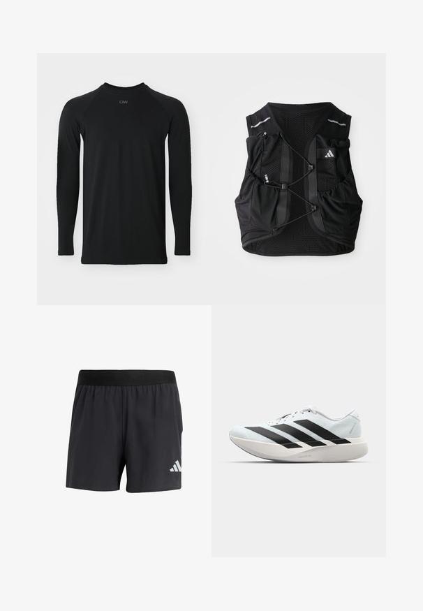Black long-sleeve shirt with a round neck, made of smooth, durable fabric; features raglan sleeves and subtle tonal branding at the neckline.; Black athletic shorts with an elastic waistband, featuring a smooth texture and a reflective white logo on the lower left side.; Lightweight running shoes in pale blue with black stripes. Features a smooth upper, round toe, and thick white midsole labeled "LIGHTSTRIKE PRO."; Black breathable mesh running vest with adjustable front cords, multiple pockets, and a small logo on the upper right chest.
