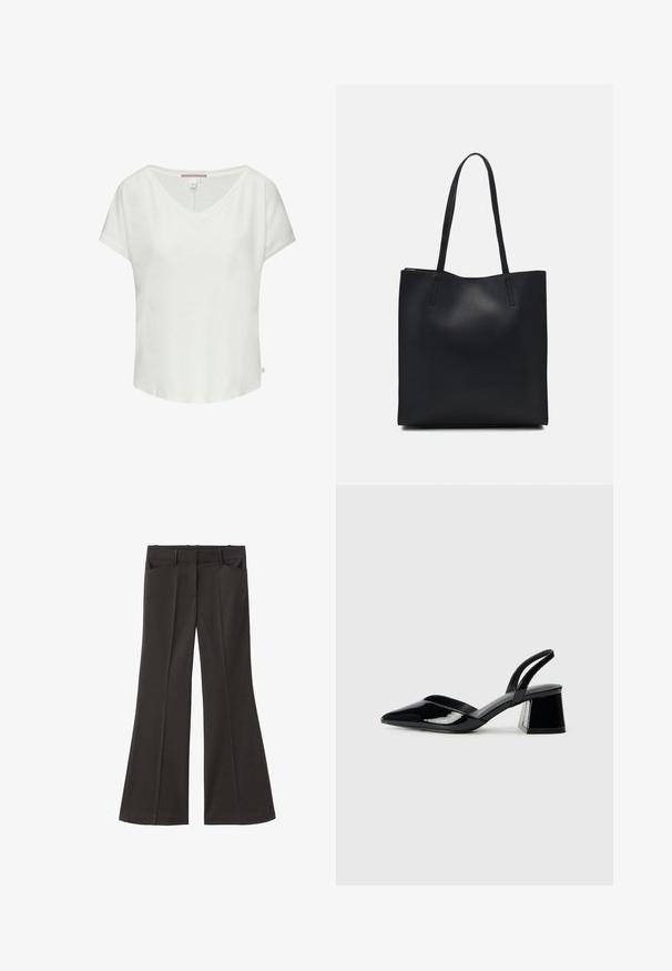 QS T-shirt basic - creme; Zwarte flared broek met een hoge taille; beschikt over twee voorkeurszakken en een gladde stoftextuur. Geschikt voor verschillende gelegenheden.; Zwarte gepatineerde leren slingback hakken met een spitse neus en een geometrische blokhak. Kenmerkt zich door een slank, minimalistisch ontwerp en een gladde textuur.; Zwarte leren handtas met een gladde textuur, rechthoekige vorm en twee lange handvaten. Geen zichtbare hardware of versieringen.