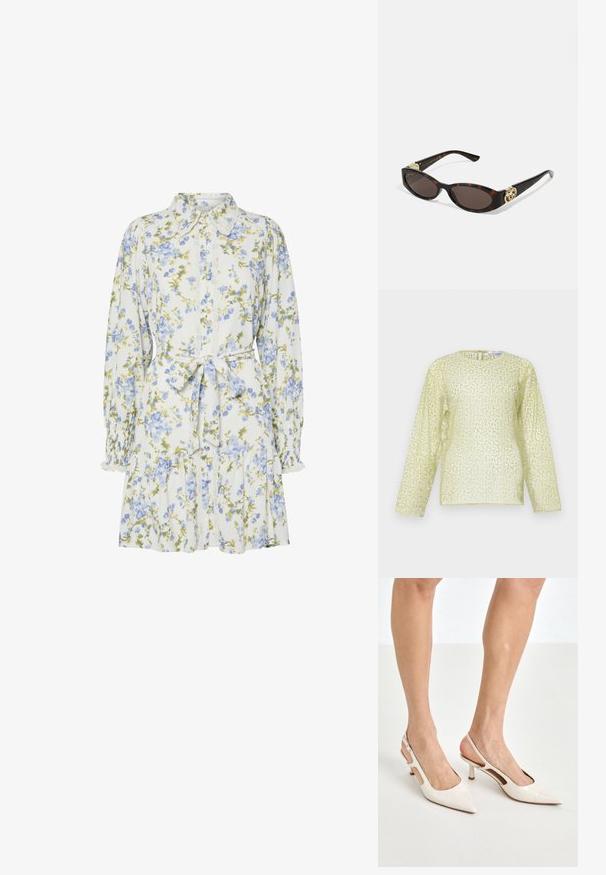 Blusa a maniche lunghe di colore giallo chiaro con una finitura testurizzata e decorata di paillettes. Presenta un collo a giro e una zip nascosta sul retro. Tessuto morbido.; Vestito floreale bianco con fiori blu e verdi, caratterizzato da un colletto, apertura frontale con bottoni, maniche lunghe con polsini elastici e una cintura in vita.; Tacchi slingback in pelle lucida beige con punta affusolata e tacco di 5 cm, caratterizzati da lati traforati e una sottile fascia alla caviglia.; Occhiali da sole tartarugati con lenti ovali allungate, tonalità marrone, accenti dorati con logo sulle tempie e aste nere eleganti.; Borsa a tracolla beige con un motivo stampato, forma curvata, dettagli in pelle e un logo dorato sul davanti. Presenta una maniglia corta per un facile trasporto.; Collana di perle e cristalli con un design rotondo a perline in tonalità tenui, caratterizzata da perle alternate e accenti scintillanti, indossata attorno al collo.