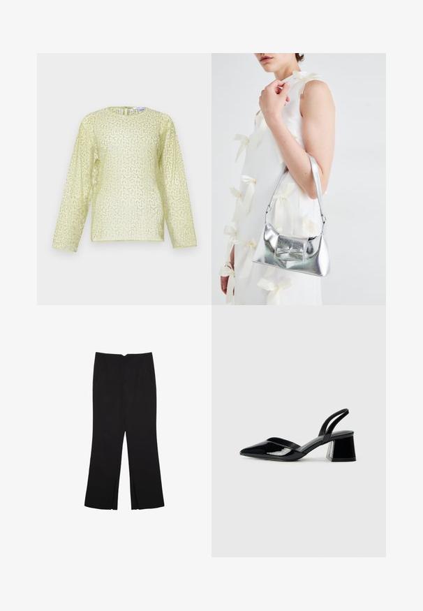Långärmad blus i ljusgul med en texturerad, sunkig finish. Har rundad hals och dold dragkedja i ryggen. Slätt material.; Svarta byxor med rak passform, utrustade med framfickor och sidoklyvningar vid fållen. Tillverkade av mjukt, slätt tyg. Lämpliga för olika tillfällen.; Svarta lackläder slingback klackar med spetsig tå och geometrisk klack. Har en elegant, minimalistisk design och slät yta.; Silver metallic handväska med en strukturerad form, utrustad med ett handtag upptill och en rosettdetalj på framsidan. Slät textur, reflekterande finish.