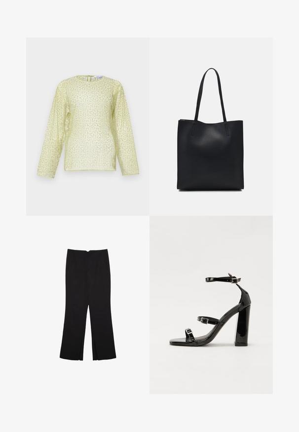 Langärmlige Bluse in Hellgelb mit strukturierter, glitzernder Oberfläche. Verfügt über einen Rundhalsausschnitt und einen verdeckten Reißverschluss am Rücken. Weiches Material.; Schwarze Hose mit geradem Schnitt, ausgestattet mit Fronttaschen und Seitenschlitzen am Saum. Hergestellt aus weichem, glattem Stoff. Geeignet für verschiedene Anlässe.; Schwarze patentierte Sandalen mit Absatz, quadratischer Spitze, Knöchelriemen und silbernen Schnallen. Mit einem stabilen Blockabsatz für mehr Stabilität.; Schwarze Laptoptasche aus Leder mit glatter Textur, rechteckiger Form und zwei langen Griffen. Keine sichtbaren Beschläge oder Verzierungen.