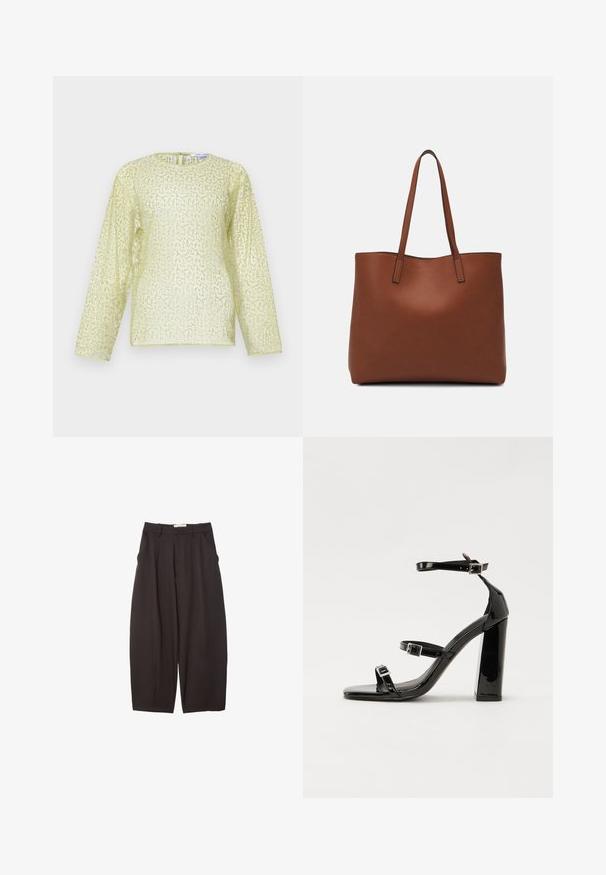 Långärmad blus i ljusgul med en texturerad, sunkig finish. Har rundad hals och dold dragkedja i ryggen. Slätt material.; Svarta vida byxor i ett mjukt tyg, med hög midja, framfickor och sidofickor. Enkel design utan utsmyckningar.; Svarta lackerade klacksandaler med fyrkantig tå, ankelremmar och silverfärgade spännen. Har en kraftig blockklack för stabilitet.; Brun läder tote-väska med en slät textur, öppen toppdesign och två axelremmar. Har minimal söm och ingen synlig metalldetalj.