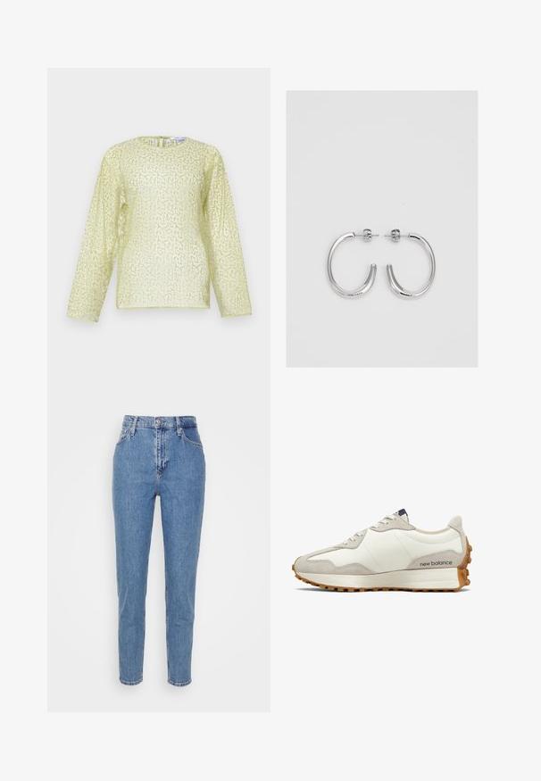 Bluzka z długim rękawem w jasnym odcieniu żółtego, z teksturowanym, cekinowym wykończeniem. Posiada okrągły dekolt i ukryty zamek z tyłu. Gładki materiał.; Niebieskie spodnie dżinsowe z wysokim stanem, prostym krojem nogawek, z przodem na guziki i zamek, szlufkami na pasek oraz kieszeniami, wyeksponowane na jednolitym białym tle.; Biało-beżowy sneaker z gładką cholewką ze skóry i zamszowymi akcentami. Posiada okrągłe sznurówki, amortyzowaną podeszwę oraz teksturowaną gumową podeszwę zewnętrzną.; Srebrne kolczyki koła o gładkiej, błyszczącej powierzchni, z zakrzywionym kształtem i zapięciem na sztyft. Minimalistyczny design z nowoczesnym wykończeniem.