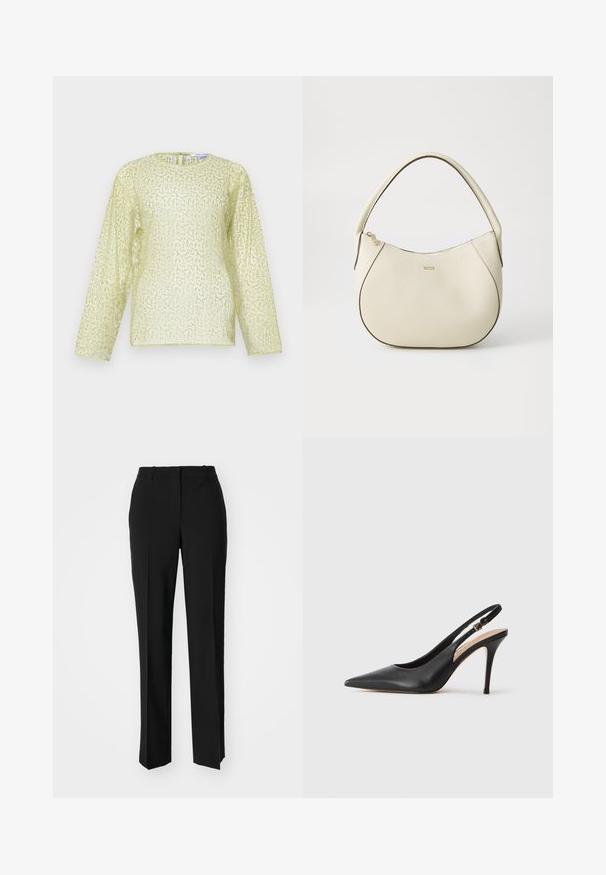 Heled varrukatega bluus heleda kollase värviga, millel on tekstuuriga, sädelev pind. Omab ümmargust kaelust ja peidetud selja lukku. Sile materjal.; Mustad ja sirged püksid, millel on sile tekstuur ja teravad voldid esiosas. Ilma nähtavate detailideta.; Mustaga nahast slingback kõrge kontsaga jalanõud terava toe ja sileda tekstuuriga, delikaatse rihmaga, mis on varustatud metallist säärekohaga.; Kreemivärvi käsipott, millel on tekstureeritud viimistlus, kumer kuju, lühike käepide ja kuldse tooniga logo detail. Ülemine lukustus.