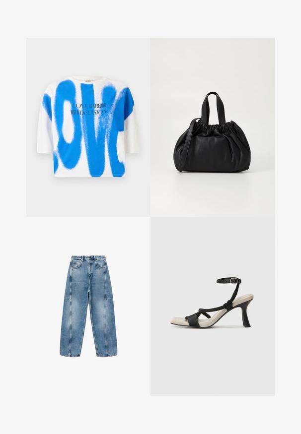 T-shirt in cotone bianco con testo "LOVE" in stile spray blu. Maniche corte, vestibilità rilassata, collo a giro, con design grafico e tipografia moderna.; I jeans in denim azzurro chiaro presentano una vestibilità rilassata, ampie tasche e cuciture a contrasto. Il tessuto ha una finitura scolorita con una texture liscia.; Sandal con tacco nero e design con cinturino intrecciato, punta quadrata e cinturino alla caviglia regolabile. Soletta beige chiaro con tacco nero lucido.; Borsa a tracolla in pelle nera con design a cima arricciata, dotata di due manici corti e di una lunga tracolla regolabile. Texture liscia, forma arrotondata.