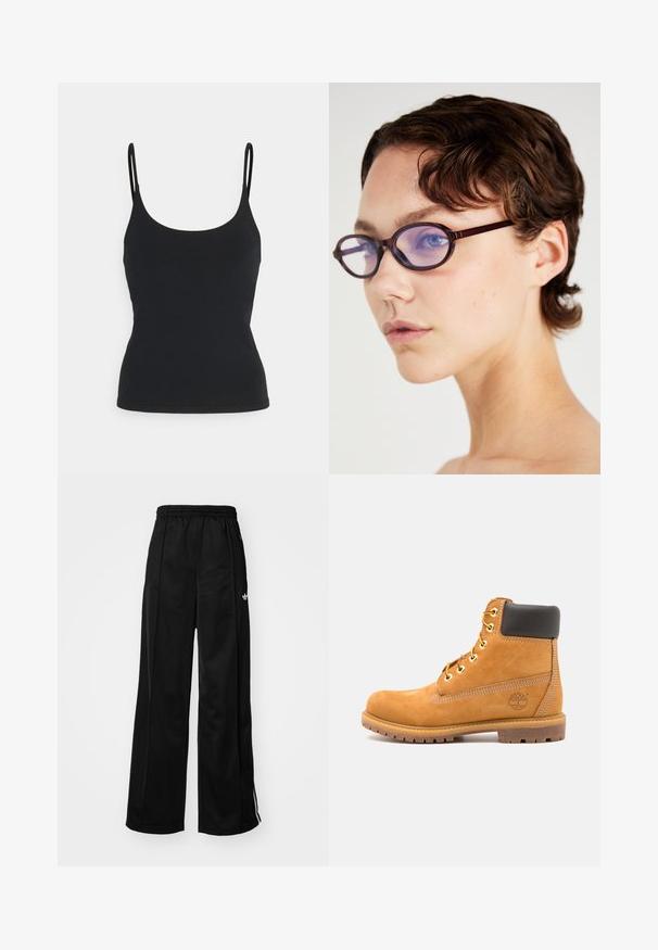 Canotta nera con sottili spalline, realizzata in tessuto morbido ed elastico, con una silhouette aderente e scollatura rotonda.; Pantaloni da tuta neri a gamba larga con vita elasticizzata, caratterizzati da strisce laterali bianche e un piccolo logo sull'anca sinistra. Tessuto liscio.; Stivale alla caviglia in pelle marrone con imbottitura nera, occhielli dorati e suola texturizzata. Presenta un logo circolare su un lato e dettagli di cucitura.; Occhiali da vista marroni con montatura ovale e lenti trasparenti viola; design elegante e superficie liscia. Indossati da una persona con capelli corti e mossi.; Borsa a mano in pelle nera con due manici allungati, chiusura con zip e forma rotonda; texture liscia con finitura leggermente lucida.