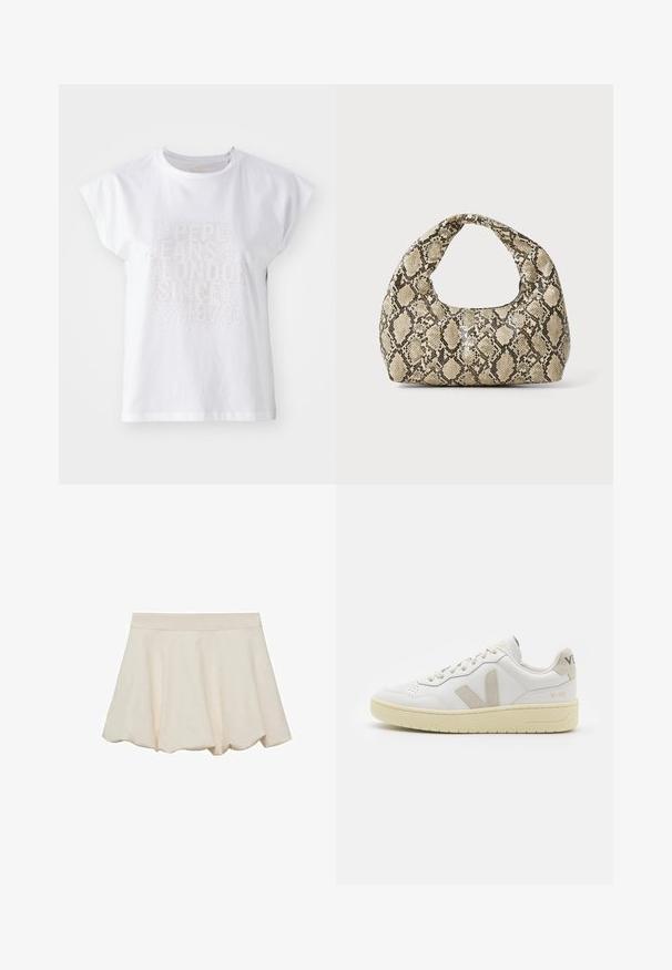 Valkoinen puuvillainen T-paita, jossa on hihattomat cap-sleeve -hihat. Edessä on kohokuvioitua tekstiä "PEPE JEANS LONDON SINCE 1973", joka on koristeltu pienillä, kimaltelevilla niiteillä.; Hame vaale beige-värinen, pehmeä ja sileä tekstuuri, levenevä muotoilu ja aaltomaisesti leikattu helma. Varustettu leveällä elastisella vyötärönauhoilla mukavuutta varten.; Valkoiset nahkakengät, joissa on vaaleanruskeat pigmenttisuojat, rei'itetty kärki, litteät nauhat ja teksturoitu kermaisa pohja. Takana on huomaamaton brändäys.; Käärmeennahkakuosiset käsilaukku, jossa on kaareva kahva. Tehty teksturoiduista beigeistä ja ruskeista materiaaleista, joissa on erottuva timanttikuvio.