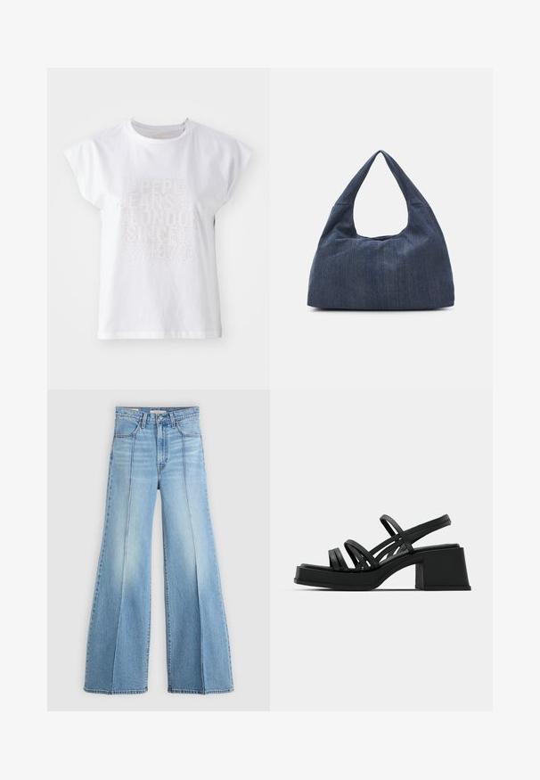 Üksikasjalik valge puuvillane T-särk lühikeste varrukatega, mille esiküljel on reljeefne tekst "PEPE JEANS LONDON SINCE 1973", kaunistatud väikeste, säravate kuulikestega.; Heledad sinine kõrge talje ja laiade jalgadega teksad, ees ja taga on taskud, vööloopid ning vertikaalsed õmblused ees.; Mustad kontsad mustade peenikeste rihmadega ja laia blokknõelaga. Kiire disain matist tekstuurist. Jalapadi on kergelt kumer.; Tume sinine teksakott pehme ja veniva kujuga, sisaldab hobo-stiilis sangasid ja tekstuurset pinda. Nähtavad kinnitusdetailid puuduvad.