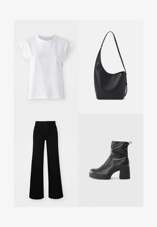 Balta kokvilnas T-kreklu ar cepures piedurknēm, kas rotāta ar debesskrāsa tekstu "PEPE JEANS LONDON SINCE 1973" mazās, mirdzošās kniedēs uz priekšpuses.; Melni plaša kāju bikses, izgatavotas no džinsa, ar strukturētu jostu, jostu cilpiņām un priekšējām kabatām. Gluda tekstūra ar klasisku dizainu.; Melni potītes zābaki, kas izgatavoti no gludas ādas, ar sānu rāvējslēdzēju, masīvu strukturētu papēdi un noapaļotu purngalu.; Melnas ādas hobo soma ar gludu tekstūru, izliekta forma un vienu regulējamu jostu; augšā ir plaša atvere.