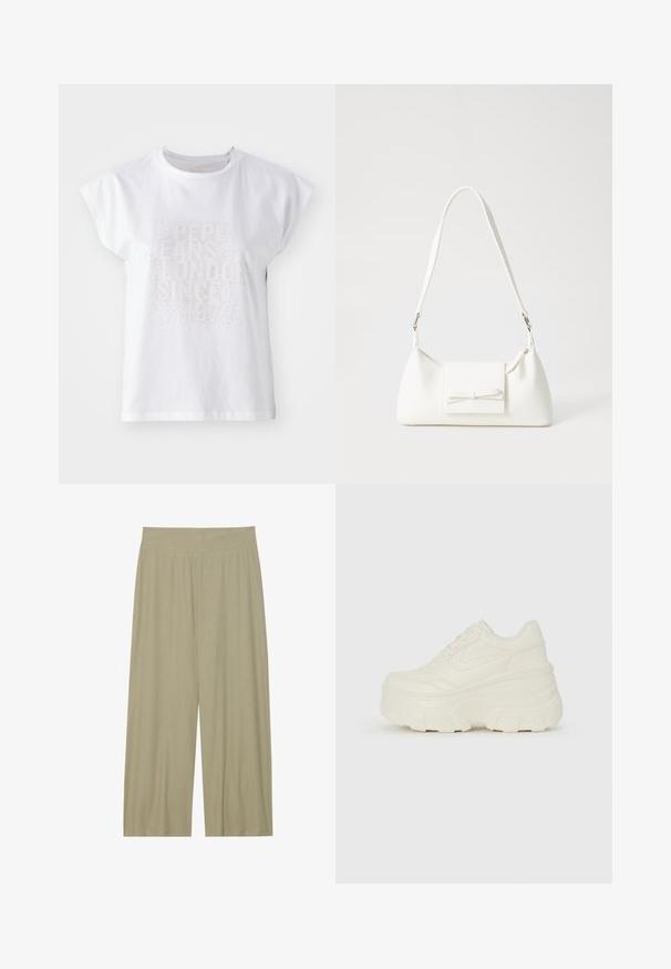 Camiseta blanca de algodón con mangas tipo tapa, que presenta un texto en relieve "PEPE JEANS LONDON SINCE 1973" en pequeños y brillantes studs en la parte delantera.; Pantalones de pierna ancha en verde oliva claro, confeccionados con una tela texturizada con pliegues verticales y una cintura elástica para mayor comodidad.; Zapatillas de plataforma blancas con un upper suave similar al cuero, forma redondeada, cuello acolchado y suela de goma texturizada con surcos definidos.; Bolso sintético blanco con forma triangular, tapa frontal plana y detalle de lazo, correa ajustable, textura suave y diseño minimalista.