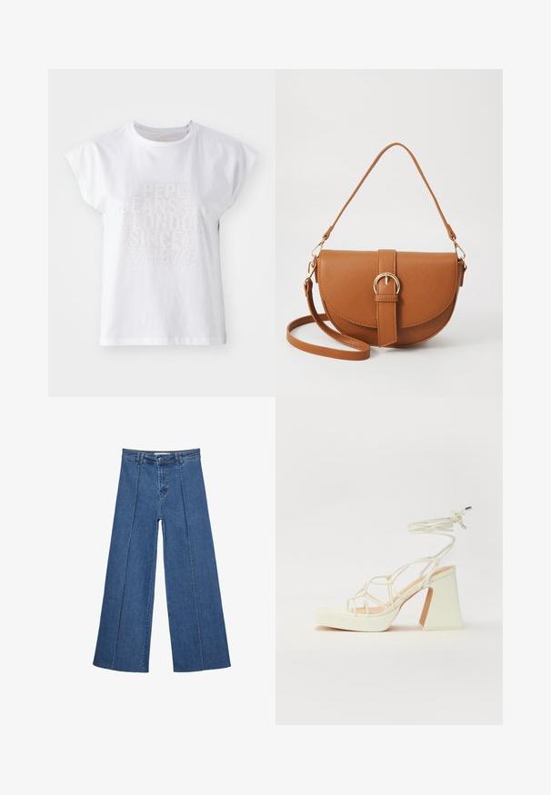 Bijela pamučna majica s kratkim rukavima, s reljefnim tekstom "PEPE JEANS LONDON SINCE 1973" u malim, sjajnim kristalićima na prednjem dijelu.; Široke traperice u srednje plavoj boji, s visokim strukom, zatvaranjem na dugme i kontrastnim vertikalnim šavovima duž prednje strane.; Bijela sandala na visokoj potpetici s debelim petom, s remenom i vezanjem oko gležnja. Glatka tekstura s platformom sprijeda za dodatnu visinu.; Smeđa kožna torba preko tijela s zakrivljenim oblikom, zlatnim metalnim detaljima i naglaskom na kopču. Ima odvojivu naramenicu.