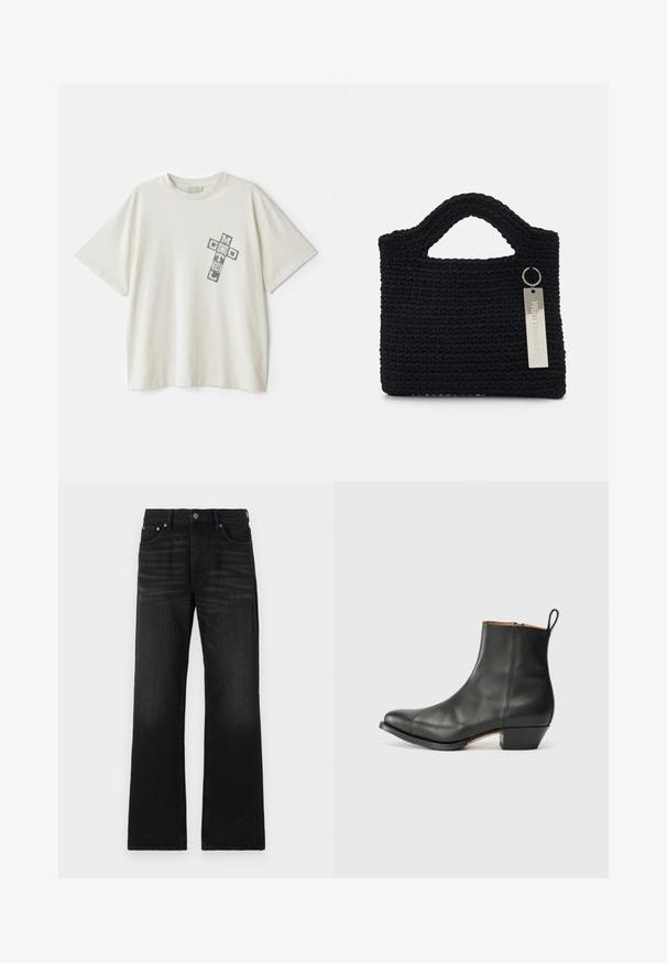 Cream-colored cotton t-shirt with short sleeves; features a graphic print saying "MOTEL" and "GOD" in a cross arrangement on the left chest.; Black wide-leg jeans made of denim. Features a button closure and five pockets. Slightly faded texture along the legs, straight cut.; Black leather ankle boot with a round toe, slight heel, side zipper, and a pull tab at the back. Smooth texture and simple design.; Won Hundred MARSIELLE COMPUTER BAG UNISEX - Laptop bag - black