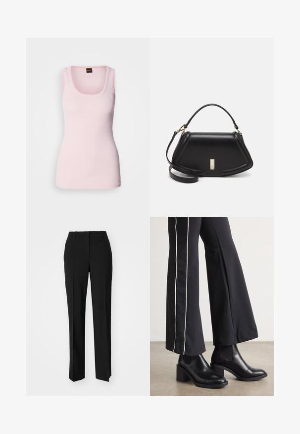 Tricou fără mâneci de culoare roz deschis, cu decolteu oval, având un logo subtil pe piept și bretele late. Textură netedă.; Pantaloni negri tailor-ed cu un design drept, având o textură fină și cute clare pe față. Fără elemente de prindere vizibile.; Bocanci de piele negri până la gleznă, cu toc pătrat, având panouri elastice pe laterale. Asortați cu pantaloni negri care au o dungi albă pe lateral.; Geantă de umăr din piele neagră, cu un design structurat, având o formă tăiată, mânere superioare și accente din aur. Include o curea de umăr ajustabilă.
