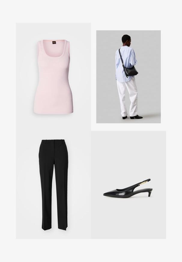 Világos rózsaszín bordázott ujjatlan felső, melynek kerek kivágása van, és a mellkason egy diszkrét logó található, széles vállpántokkal. Sima textúra.; Fekete, testhezálló nadrág egyenes szárú kivitelben, sima textúrával és éles redőkkel az elején. Nincs látható fémalkatrész.; Fekete bőr slingback magassarkúk, hegyes orral, vékony sarkakkal és arany színű részlettel a állítható pánton. Simа felület.; Fekete bőr válltáska puha tapintással, háromszög alakú, állítható pánttal, világoskék csíkos inggel és fehér nadrággal párosítva.