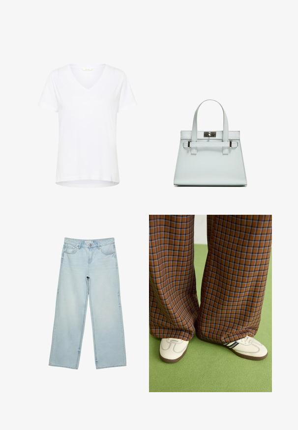 Biała koszulka z krótkim rękawem, z dekoltem w serek, wykonana z miękkiego materiału, charakteryzująca się luźnym krojem i prostym wykończeniem z minimalnymi detalami w szwach.; Jasnoniebieskie jeansy o szerokich nogawkach, wykonane z denimu, z wysokim stanem, pięcioma kieszeniami i delikatnym efektem wyblaknięcia. Prosty krój z wykończonymi brzegami.; Brązowo-niebieskie spódnice w kratę o szerokich nogawkach zestawione z białymi butami z czarnymi akcentami i teksturowaną podeszwą, na tle zielonego tła.; Jasnoniebieska torebka o strukturalnym designie, z dwoma uchwytami i zapięciem w srebrnym odcieniu. Teksturowany materiał i ostre krawędzie.