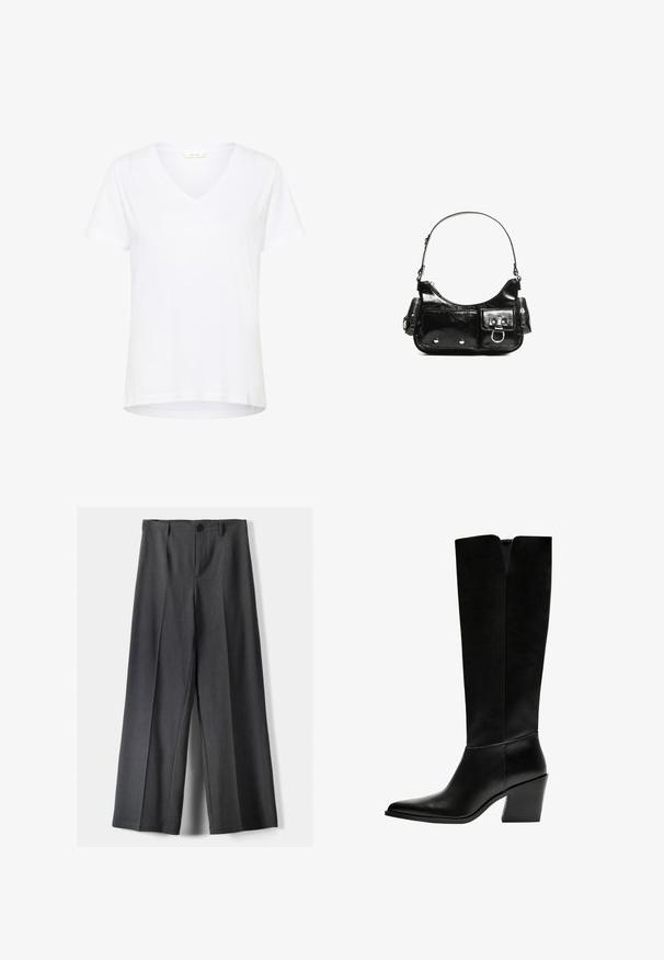 Hvid kortærmet t-shirt med V-hals, lavet af blødt stof, med en afslappet pasform og lige kant samt minimale syninger.; Vidde-bukser i mørkegrå stof med knaplukning, frontfolder og bæltestropper. Glat tekstur med et skræddersyet design.; Sorte knæhøje støvler lavet af glat læder, med spids tå, blokhæl og en V-formet udskæring foroven.; Sort patenteret læder håndtaske med en buet form, en skulderrem, frontlommer og hardware accenter i sølvfarve.