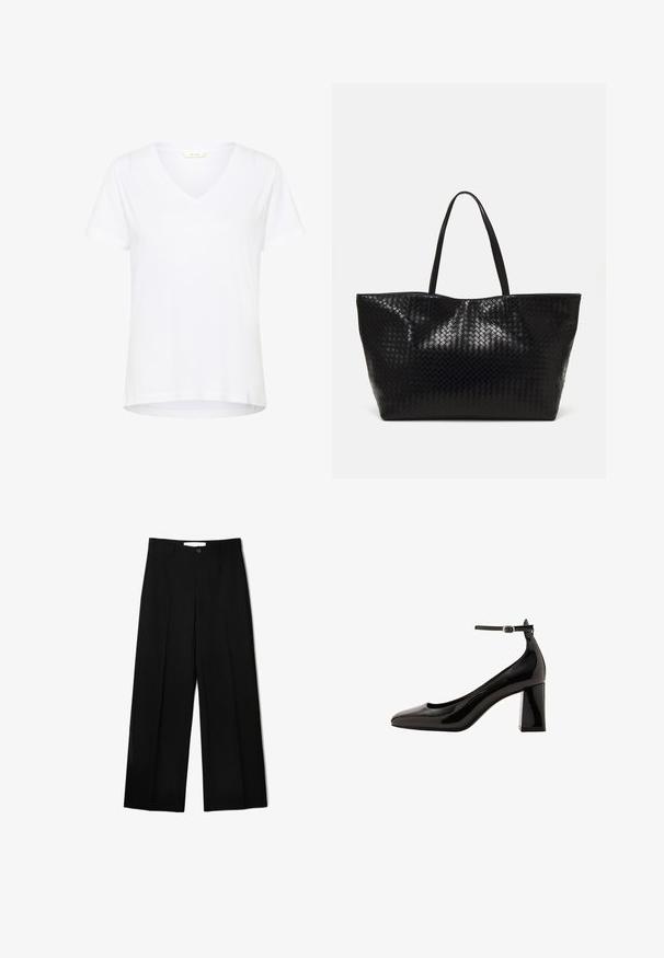 White short-sleeve t-shirt with a V-neck, made of soft fabric, featuring a relaxed fit and straight hem with minimal stitching details.; Black, wide-leg trousers made of smooth fabric featuring a button closure and neatly stitched pleats at the front.; Black patent leather ankle strap pump with a glossy finish, pointed toe, and a thick block heel. Smooth texture, minimal detailing.; Black woven tote bag with two sturdy handles, featuring a glossy texture and a spacious open top design.