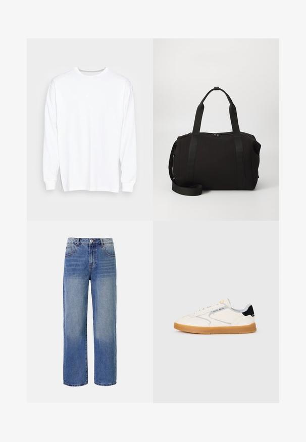 Fehér, hosszú ujjú pamut póló, kerek nyakkal, ejtett vállakkal és egy kis fehér logóval a mellkasán.; Világoskék farmer széles szárú nadrág halványodó mintával, öt zsebel, cipzáras záródás. Gomb és övhurkok találhatóak a deréknál.; Fehér sportcipő texturált bőr felsőrésszel, szürke részletekkel és fekete sarokpánttal. Természetes gumitalp diszkrét márkajelzéssel. Alacsony szárú kialakítás.; Fekete sporttáska vastag fogantyúkkal és levehető pánttal. Sima anyagból készült, cipzáras záródással és minimalista dizájnnal rendelkezik.; Öt ezüst gyűrű összeállítása különböző formákban: sima szalag, rétegezett szalagok, csavart szalag és egy fekete betétes gyűrű. Különböző textúrák és felületek.