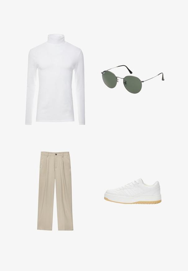 Fehér, hosszú ujjú garbóing, puha, rugalmas anyagból készült. Magas gallérral és testhez simuló fazonnal rendelkezik, amely karcsú sziluettet biztosít.; Beige egyenes szárú nadrág, egy fekete gombbal, övhurkokkal és oldalzsebekkel. Sima szövettextúra és minimális design.; Fehér bőr sneaker, texturált felülettel, gumitalppal, fűzős kialakítással és diszkrét csíkozással az oldalakon.; Fémkeretes napszemüveg ovális zöld lencsékkel. Vékony ezüst színű fémkeret és fekete fülrész. Minimalista dizájn, látható logók nélkül.