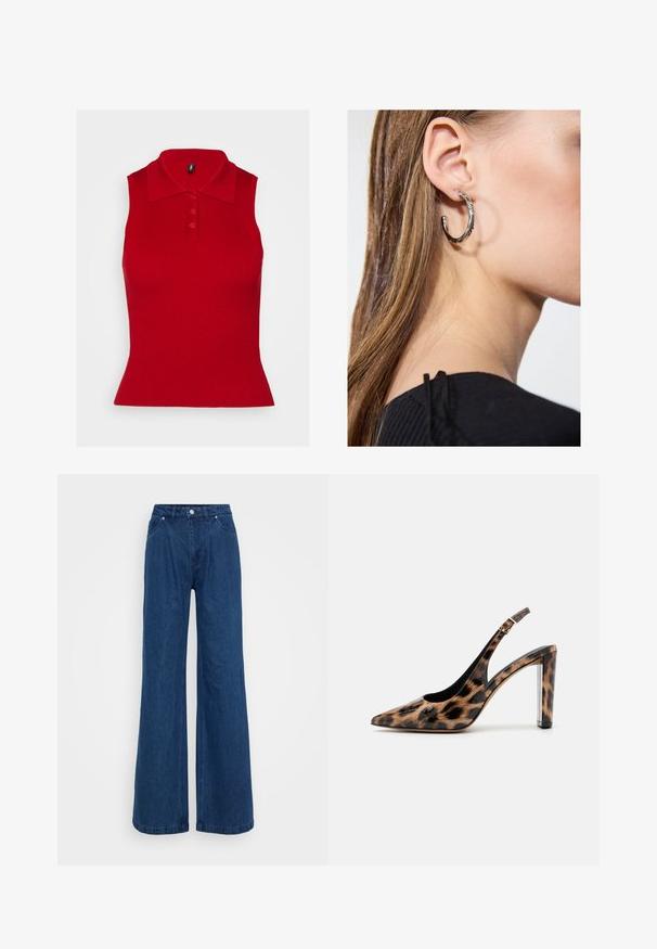 Raudonas be rankovių polo marškinėliai su tekstūruotu raštu ir apykakle. Priekyje yra trys mygtukai, o siluetas yra aptemptas, prie apačios šiek tiek platėjantis.; Mėlynos plačios džinsinio audinio kelnės su aukšta juosmens linija, priekyje mygtukas ir užtrauktukas, bei priekinės ir užpakalinės kišenės prieš paprastą foną.; Leopardų rašto slingback aukštakulniai su smailiu priekiu ir skaidriu blokuotu kulnu. Pagaminti iš blizgaus medžiagos su glotnia tekstūra.; Sidabrinė lankinė auskarai su poliruotu paviršiumi, turintys mažus auksinius akcentus ir apvalią formą, dėvimi ant ausies kaušelio.