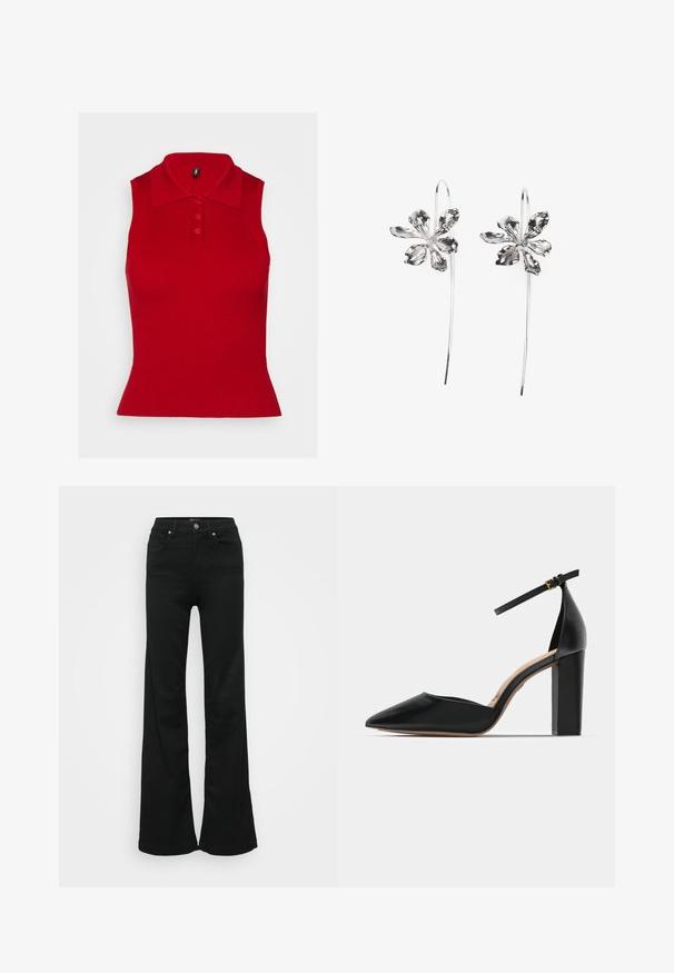 Rdeča brezrokavna polo majica z rebrasto teksturo in ovratnikom. Ima tri gumbe spredaj in prilegajočo obliko, ki se na robu razširi.; Črne razširjene kavbojke iz denima, z visokim pasom, petimi žepi in kovinskim gumbom za zapiranje. Gladka tekstura z minimalnimi detajli.; Črne usnjene visokotlačne čevlje z zapenjanjem za gleženj, koničastim nosom in kvadratno debelo peto. Gladka tekstura z minimalističnim oblikovanjem.; Srebrne uhani v obliki rože z teksturirano površino, ki imajo dolge kavljice in podrobnosti, podobne cvetnim listom, kar ustvarja zapleten dizajn.