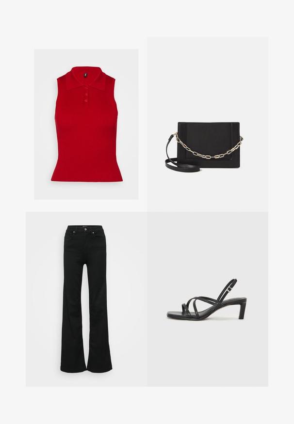 Červená bezrukávová polo košeľa s rebrovanou textúrou a golierom. Obsahuje tri gombíky vpredu a priliehavý strih, ktorý sa na spodnej časti rozširuje.; Čierne rozšírené džínsy vyrobené z denimu, s vysokým pásom, piatimi vreckami a kovovým zapínaním. Hladká textúra s minimálnym zdobením.; Čierne sandále na vysokom podpätku so štvorcovou špičkou a nízkym blokovým podpätkom. Obsahujú viacero tenkých popruhov a nastaviteľný členkový popruh. Vyrobené z hladkej kože.; Čierna kožená crossbody taška s hladkou textúrou, obdĺžnikovým tvarom a kovovým reťazovým detailom na prednej strane. Súčasťou je nastaviteľný popruh.