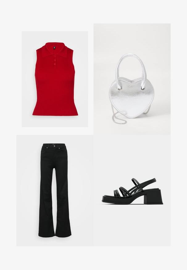 Punane ilma varrukateta polo-särk ribatud tekstuuriga ja kraega. Esiküljel on kolm nuppu ja särk on formihoidja, mis laieneb allservast.; Mustad laiad teksapüksid, valmistatud denimist, kõrge vöökoht, viis taskut ja metallist nööpkinnitus. Sujuv tekstuur väheste detailidega.; Mustad kontsad mustade peenikeste rihmadega ja laia blokknõelaga. Kiire disain matist tekstuurist. Jalapadi on kergelt kumer.; Hõbedane metallik südamekujuline käekott, millel on kaks käepidet, ahelast rihm ja sile tekstuur. Omab metalset riistvara ja õmblustega servi.