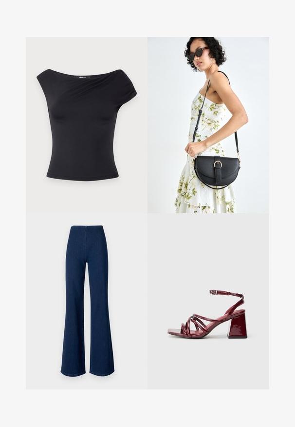 Black off-shoulder top made from stretchy fabric. Features a fitted silhouette, soft texture, and elegant draping across the front.; Dark blue flared jeans made of denim with an elastic waistband. Features a smooth texture and wide leg design extending to the hem.; Patent burgundy heeled sandals with a square toe, featuring multiple intertwined straps and a chunky block heel. Adjustable ankle strap.; Black leather handbag with a curved shape, detachable strap, and gold hardware. The bag features a flap with a buckle detail.