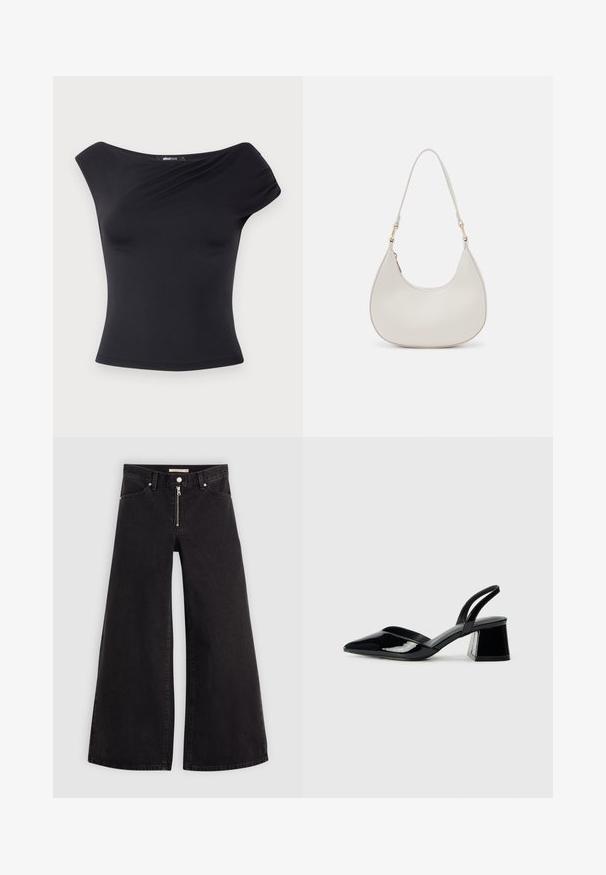 Mustan õlavarre alt avatud topp, valmistatud venivast kangast. Omab selget siluetti, pehmet tekstuuri ja elegantset rippuvat disaini esiküljel.; Laiad teksad mustast denimist, millel on lukuga eesmine osa, viie taskuga disain ja peened õmblusdetailid. Sile tekstuur ja juhuslik stiil.; Mustad musta lakknahk kingad, millel on terav varvas ja geomeetriline plokkkonts. Omab elegantselt minimalistlikku disaini ja sujuvat tekstuuri.; Kreemi nahast õlavarre kott, millel on poolkuu kuju, peen rihm ja diskreetne õmblusdetail. Minimalistlik disain kuldse tooni metallosadega.