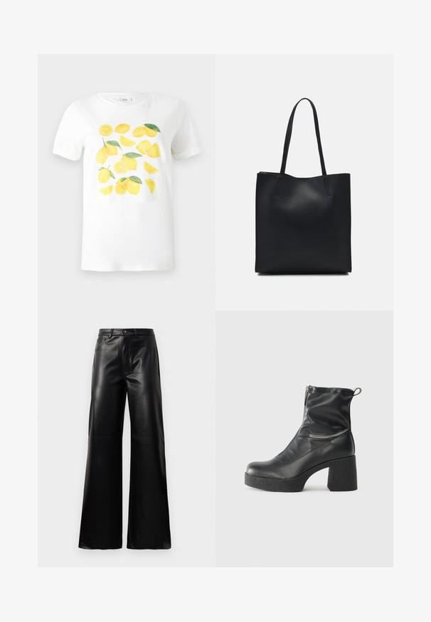 White cotton t-shirt featuring a colorful lemon graphic with yellow lemons and green leaves in various arrangements. Short sleeves.; Black high-waist wide-leg faux leather pants with front button, zip closure, belt loops, and side pockets on white background.; Black ankle boots made of smooth leather, featuring a side zipper, chunky textured heel, and rounded toe design.; Black leather tote bag with smooth texture, rectangular shape, and two long handles. No visible hardware or embellishments.