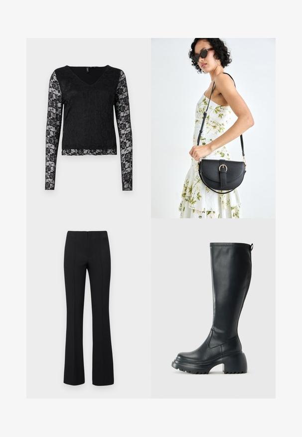 Melna garenā piedurkņu blūze ar V veida kakla izgriezumu, solidā melnā ķermenī un caurspīdīgām mežģīņu piedurknēm ar ziedu rakstiem. Kopumā gluda tekstūra.; Melnas flared bikses ar ribotu tekstūru un pieguļošu vidukli. Dizainā ir vertikālas šuves, lai radītu plūdenu izskatu. Nav redzamu aprīkojumu.; Augstas melnas ādas zābakus ar masīvu platformu un bloka papēdi, ar vilkšanas cilpu un strukturētu profilu uz ārējā zoles.; Melnas ādas rokassoma ar izliekta formu, noņemamu siksnu un zelta aksesuāriem. Somai ir vāciņš ar sprādzes detaļu.