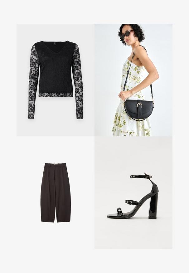 Črn majica z dolgimi rokavi, ki ima V-izrez, enotno črno telo in prosojne čipkaste rokave z cvetličnimi vzorci. Splošna gladka tekstura.; Črne široke hlače iz gladkega materiala, z visokim pasom, zgornjimi pregibi in stranskimi žepi. Preprost dizajn brez okrasnih elementov.; Črne lakaste sandale z visokimi petami, z dvema trakovoma z zaponkama, kvadratnim sprednjim delom in masivno širšo peto, z gladko, sijočo teksturo.; Črna usnjena torbica s ukrivljeno obliko, z odstranljivo naramnico in zlatimi dodatki. Torbica ima pokrov s podrobnostmi v obliki zaponke.