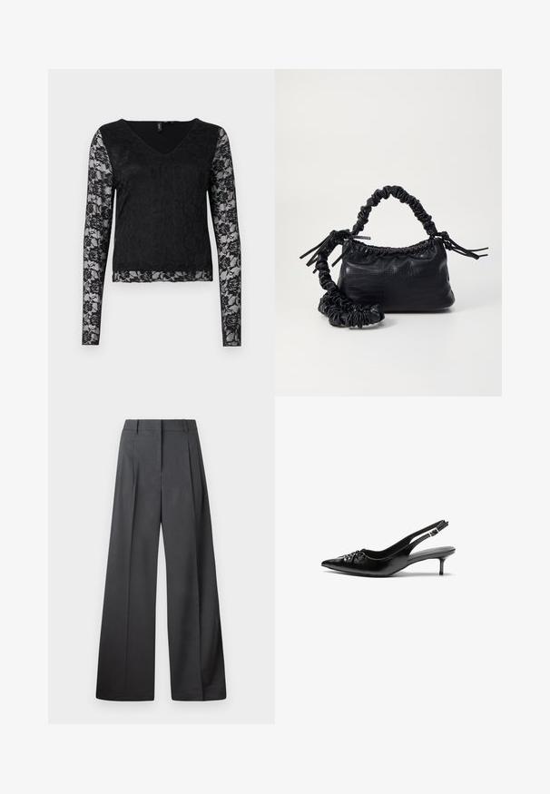 Top preto de mangas longas com decote em V, corpo liso na cor preta e mangas de renda semitransparente com padrões florais. Textura suave no geral.; Calças de perna larga em tecido cinza escuro, apresentando uma cintura alta, pregas simples e uma textura suave com um acabamento limpo nas bainhas.; Sapatos de salto alto slingback em couro preto com bico fino, pequeno salto kitten e um detalhe decorativo em forma de nó na parte da frente. Textura suave em toda a parte.; Bolsa de mão em couro sintético preto com textura de crocodilo, topo franzido e alça enrugada. Apresenta um design suave e compacto.