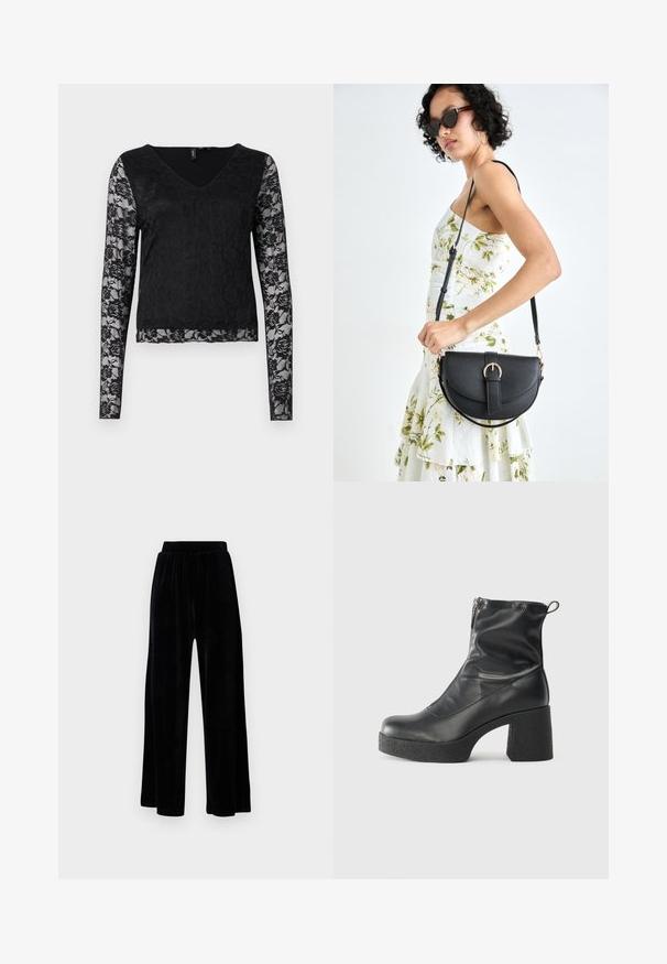 Juodas ilgas rankovėmis marškinėliai su V formos iškirptė, vientisas juodas korpusas ir permatomos nėriniuotos rankovės su gėlių raštu. Bendras sklandus tekstūra.; Juoda plataus kirpimo kelnių pora, pagaminta iš minkštos velveto medžiagos, su elastingu juosmeniu ir glotnia tekstūra, be matomų detalių ar raštų.; Juodos kulkšninių botai, pagaminti iš lygaus odos, su šoniniu užtrauktuku, masyviu tekstūruotu kulnu ir apvaliu pirštu.; Juodas odinis krepšys su išlenkta forma, nuimamu dirželiu ir auksiniais detalėmis. Krepšys turi kilpą su sagtimi.