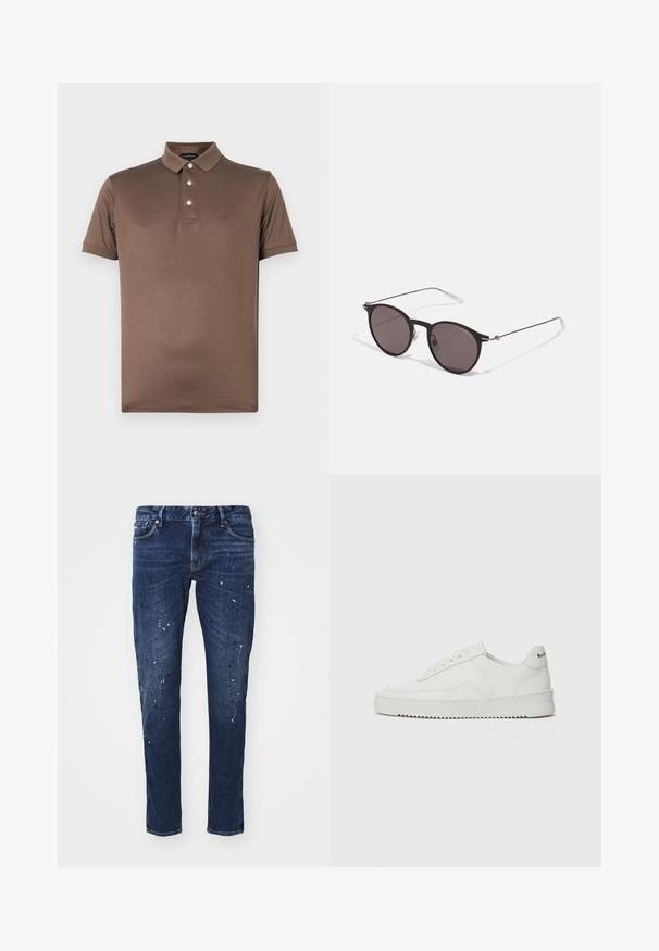 Emporio Armani Polo krekls - chocolate chip; Tumši zilo denima džinsi ar šauru piegriezumu, kas rotāti ar krāsas traipiem, redzamām šuvēm un standarta piecu kabatu dizainu. Taisnas kājas piegriezums.; Baltas ādas sneakers ar gludu virsmu, apaļu pirkstu daļu, plakaniem šņorēm un teksturētu zoli. Satur diskrētu logotipu uz papēža.; Melni apaļi saulesbrilles ar tumšiem lēca un plānām metāla stangām. Iekļautas caurspīdīgas tempļu galviņas un sudraba akcenti pie eņģes. Minimalistisks dizains.