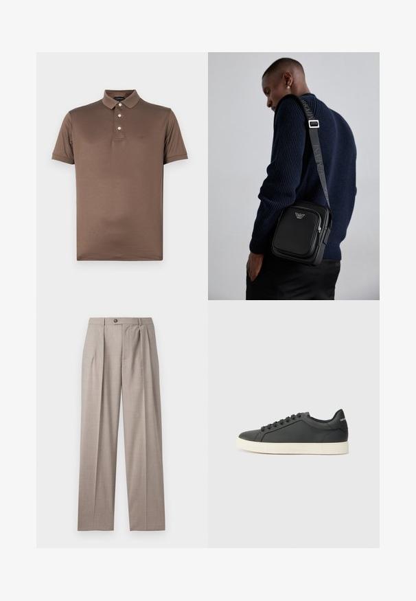 Emporio Armani Polo - chocolate chip; Emporio Armani TROUSER - Calças - beige medio; Sapatilha de couro preto com perfil baixo, bico arredondado e fecho de atacadores; apresenta uma sola de borracha texturizada e detalhe do logotipo no calcanhar.; Bolsa de ombro preta em couro com um compartimento com fecho, detalhe com o logótipo e uma alça ajustável com a marca. Usada sobre um suéter texturizado azul marinho.
