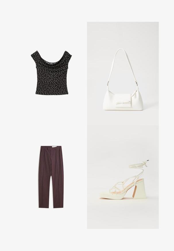 Schwarzes Kurzarmoberteil mit drapiertem Ausschnitt, das weiße Punkte hat. Hergestellt aus glattem Stoff in einer taillierten Form.; Lila gestreifte Hose mit Falten, hoher Taille und geradem Bein. Hergestellt aus einem glatten, strukturierten Stoff.; Weiße High-Heel-Sandale mit einem klobigen Absatz, die über ein Riemchendesign und ein Knöchelband verfügt. Glatte Textur mit einer Plattform vorne für zusätzliche Höhe.; Weiße synthetische Handtasche in dreieckiger Form, flache Vorderklappe und Schleifendetail, verstellbarer Trageriemen, glatte Textur und minimalistisches Design.