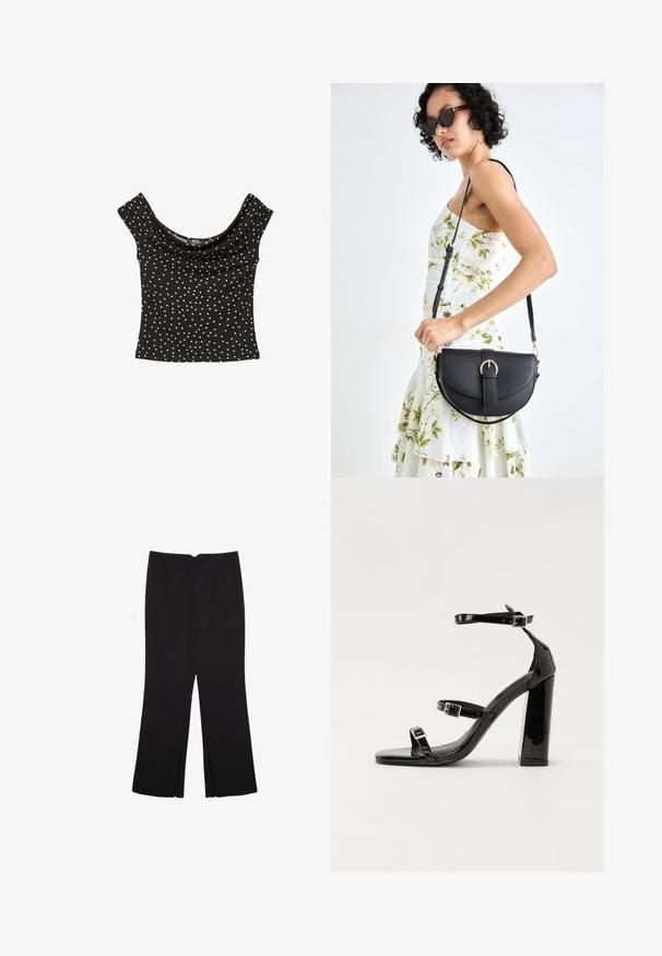 Black short-sleeve top with draped neckline, featuring white polka dots. Made of smooth fabric with a fitted shape.; Black trousers with a straight fit, featuring front pockets and side slits at the hem. Made of soft, smooth fabric. Suitable for various occasions.; Black patent high-heeled sandals with two buckle straps, square toe, and a chunky block heel, featuring a smooth, glossy texture.; Black leather handbag with a curved shape, detachable strap, and gold hardware. The bag features a flap with a buckle detail.