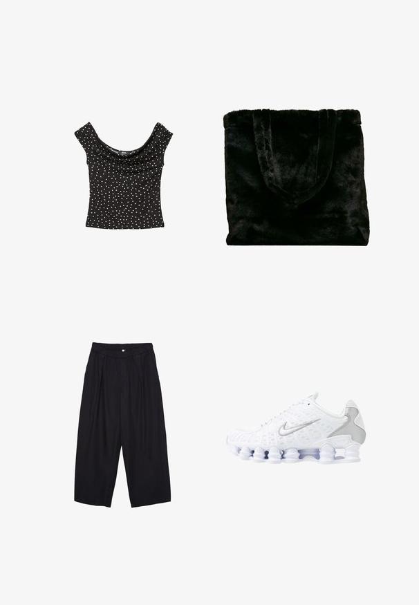 Schwarzes Kurzarmoberteil mit drapiertem Ausschnitt, das weiße Punkte hat. Hergestellt aus glattem Stoff in einer taillierten Form.; Schwarze Polyester-Culotte mit einem elastischen Bund, zwei vorderen Falten und einer lockeren Silhouette. Keine sichtbaren Muster oder Hardware-Details.; Weiße Sportschuhe mit einem oberen Teil aus Mesh, silbernen Akzenten und einem einzigartigen Spiralsohlendesign. Verfügt über einen gepolsterten Schaft und eine Schnürung für optimalen Halt.; Schwarze Tote-Tasche aus Kunstpelz mit weicher Textur. Verfügt über zwei stabile Griffe und ein offenes Design, das für verschiedene Verwendungszwecke geeignet ist.