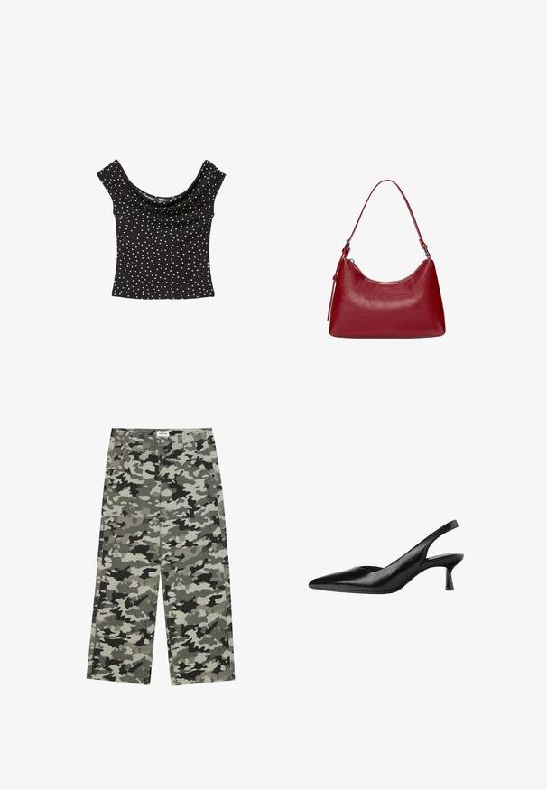 Czarny top z krótkim rękawem i drapowanym dekoltem, w białe kropki. Wykonany z gładkiego materiału, w dopasowanym kroju.; YOURTURN UNISEX szary; Czarne buty na obcasie typu slingback z wydłużonym noskiem, wykonane z teksturowanego materiału syntetycznego, z wąskim obcasem i otwartym bokiem.; Czerwona skórzana torebka na ramię o zakrzywionym kształcie, gładkiej fakturze i zamek błyskawiczny. Posiada cienką rączkę do noszenia.