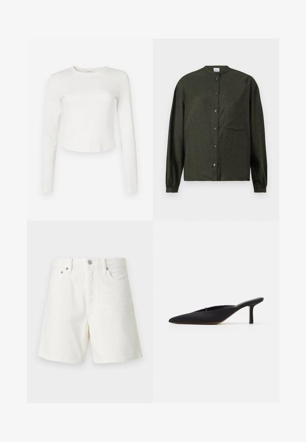 Witte lange mouwen ribben top met een ronde halslijn en een cropped zoom. Zachte textuur en minimalistisch ontwerp, met een klein logo aan de zijkant.; Donkergroen blouse met opstaand kraagje, lange mouwen, borstzak en een gladde, gestructureerde stof.; Witte denim shorts met een rechte snit, vijf zakken, voorste knoopsluiting, zilveren hardware en gestikte details.; Zwarte muiltje met spitse neus en een strak ontwerp, gemaakt van gladde stof, met een slanke hak en open achterkant voor gemakkelijk aan- en uittrekken.