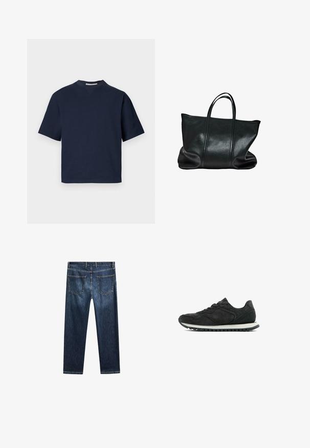 Námorně modré tričko s krátkým rukávem a výstřihem do V, vyrobené z měkkého materiálu, s uvolněným střihem a minimalistickým designem, bez viditelných vzorů nebo kovových prvků.; Tmavě modré denimové džíny se střihem rovného nohavice, pěti kapsami a kontrastním stehem. Mají čistý pas a lem.; Černá semišová sportovní bota s kulatou špičkou, zavazováním na tkaničky a bílou mezipodešví. Obsahuje texturované detaily a vroubkovanou gumovou podrážku.; Černá kožená taška s hladkým povrchem, dvěma robustními uchy a širokým dnem. Obsahuje minimální prošívání a otevřený design vrchní části.
