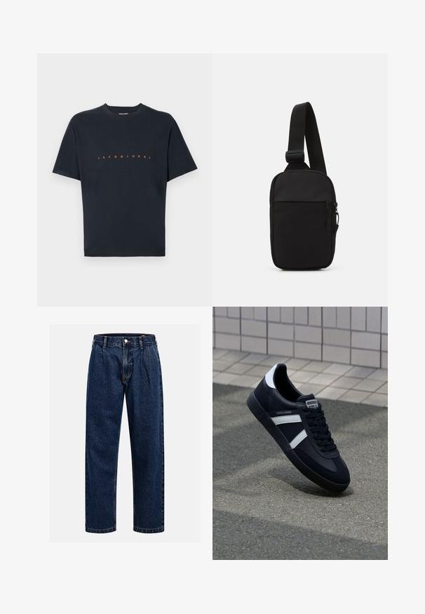 Crni pamučni majica s kratkim rukavima i okruglim izrezom. Na prednjoj strani ispisano "JACK & JONES" u debelom narančastom fontu. Glatka tekstura.; Tamno plave traperice s ravnim krojem. Imaju vidljivo šivanje, kopčanje na dugme i prednje nabore za dodatne detalje.; Crne kožne tenisice s bijelim prugama, strukturirana gumena potplate i vezanjem sprijeda. Ima oznaku brenda na jeziku.; Crna torba preko tijela napravljena od izdržljive tkanine, s jednim podesivim remenom, glavnim odjeljkom na patentni zatvarač i prednjim džepom.