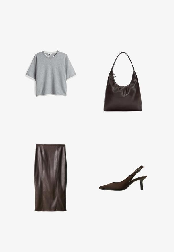 OPUS BOXY FIT LAYERING LOOK - Trui - hazy fog melange; Bruine leren kokerrok met een gladde textuur, knie-lang, met verticale naden voor het ontwerp. Geen extra hardware of accenten.; Bruine suede slingback pump met een spitse neus, slank ontwerp, dunne hak en een gespaccent op de enkelband.; Bruine leren schoudertas met een zachte, slappe vormgeving. De tas heeft een brede schouderriem en een minimalistische uitstraling, aangevuld met een subtiele textuur.