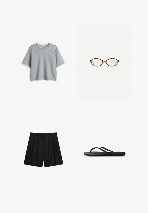 OPUS BOXY FIT LAYERING LOOK - Strickpullover - hazy fog melange; Schwarze maßgeschneiderte Shorts aus einem glatten, leichten Stoff. Verfügt über Falten, zwei Seitentaschen und ein sauberes Taillendesign.; Schwarze Flip-Flops mit einer strukturierten Gummisohle, zwei schlanken Riemen und einem dezenten, geprägten Logo-Detail auf dem Riemen.; Schildpatt-Eyegläser mit ovalen Gläsern und einer eleganten, glatten Oberfläche. Mit dünnen Seiten und einer subtilen Kurve an den Schläfen. Klare Gläser.