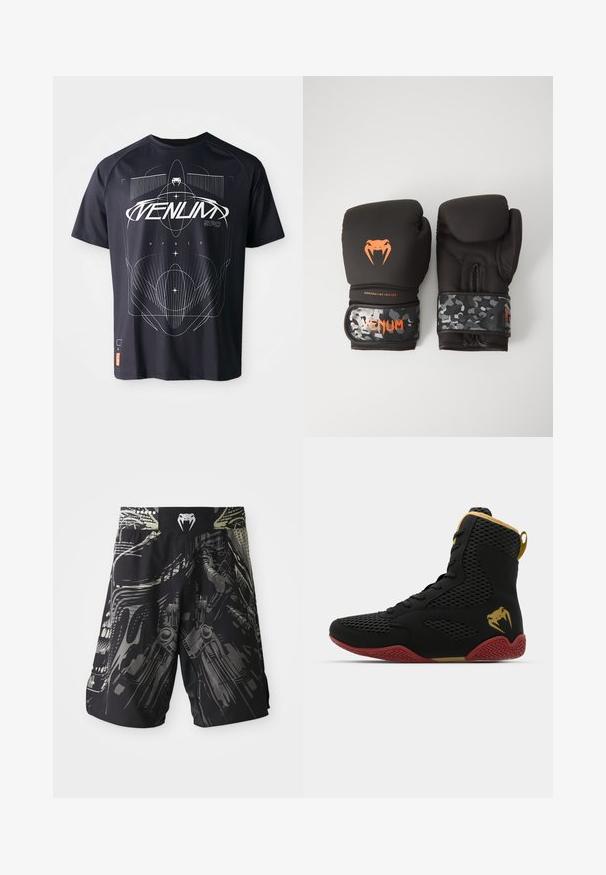 T-shirt nera a maniche corte con design grafico geometrico bianco, che include linee e testo, con un'etichetta sul lato sinistro in basso.; Pantaloni corti neri con una stampa grafica multicolore che presenta design meccanici. Vita elastica con logo sul retro. Tessuto leggero.; Scarpa sportiva alta in mesh nero e materiale sintetico, con dettagli testurizzati, suola in gomma rossa e rifiniture dorate sulla caviglia.; Guanti da boxe neri con finitura opaca e design ergonomico. Dettagli del logo arancione e cinturini per il polso a motivo camouflage.