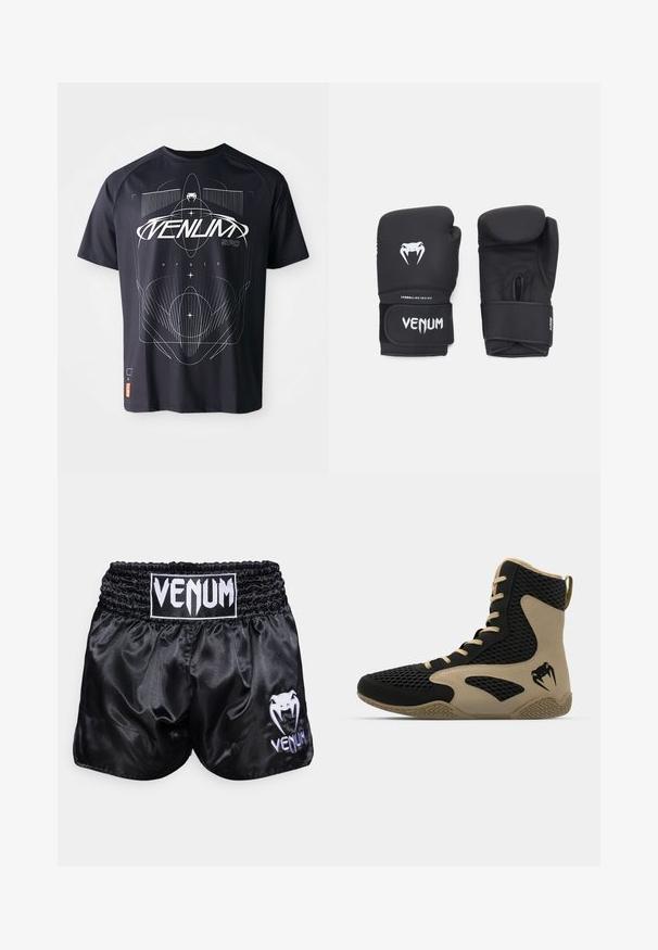 Czarny t-shirt z krótkim rękawem, zdobiony białym geometrycznym wzorem, obejmującym linie i tekst, z metką na dolnym lewym boku.; Czarne satynowe spodenki bokserskie z elastycznym pasem; mają biały logo i wzór węża na lewej nodze. Gładka tekstura.; Wysokie buty sportowe z czarną siateczkową powierzchnią i beżowymi akcentami. Teksturowana gumowa podeszwa i detal logo po boku.; Czarne rękawice bokserskie o gładkiej fakturze, z białym logo Venom i regulowanym paskiem na rzep dla pewnego dopasowania.