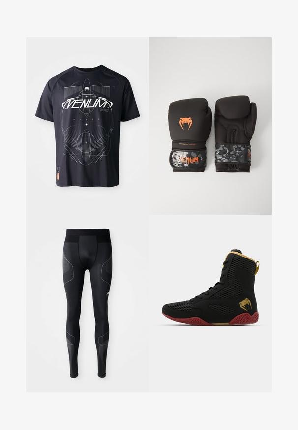 Crna majica kratkih rukava s geometrijskim bijelim grafičkim dizajnom, uključujući linije i tekst, s oznakom na donjem lijevom kutu.; Crne atletske tajice od rastezljivog materijala, s širokim pojasom, mrežastim panelima i reflektirajućim detaljima sa strane.; Visoka atletska obuća s crnom mrežicom i sintetičkim materijalom, teksturiranim detaljima, crvenom gumiranom potplatom i zlatnim ukrasima na članku.; Crne kutije rukavice s mat površinom i ergonomskim dizajnom. Narančasti logotip i naramenice uzorak kamuflaže.